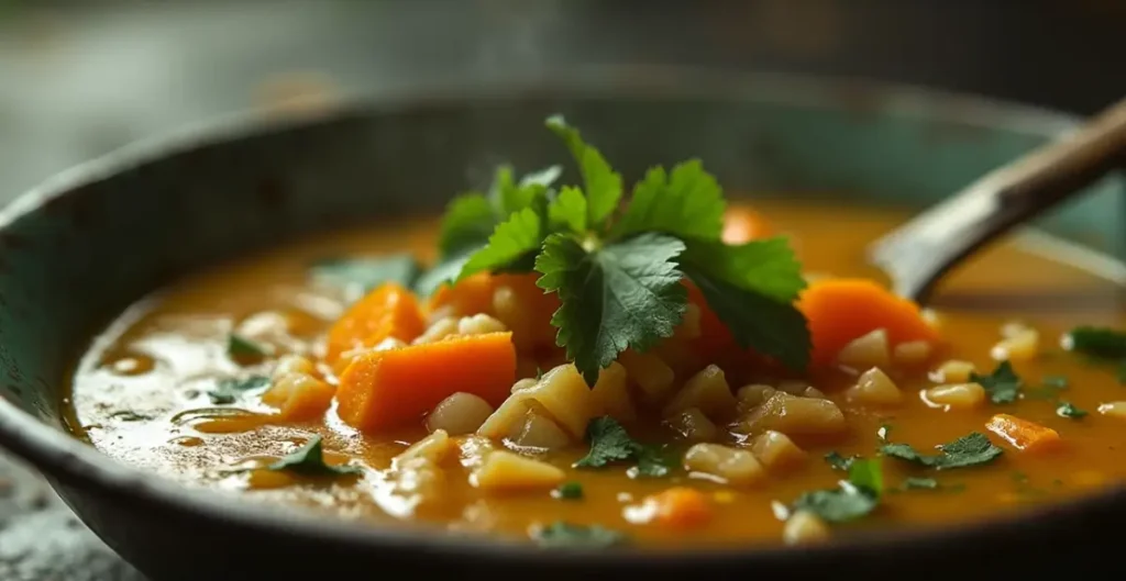 SWAMP SOUP RECIPE with fresh vegetables like spinach, kale, and okra served in a bowl.