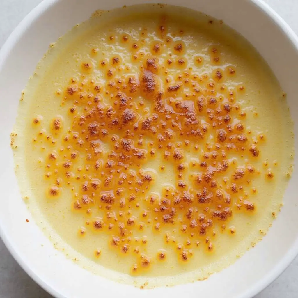 Close-up of a creamy Crab Brûlée topped with caramelized golden sugar and garnished with fresh herbs