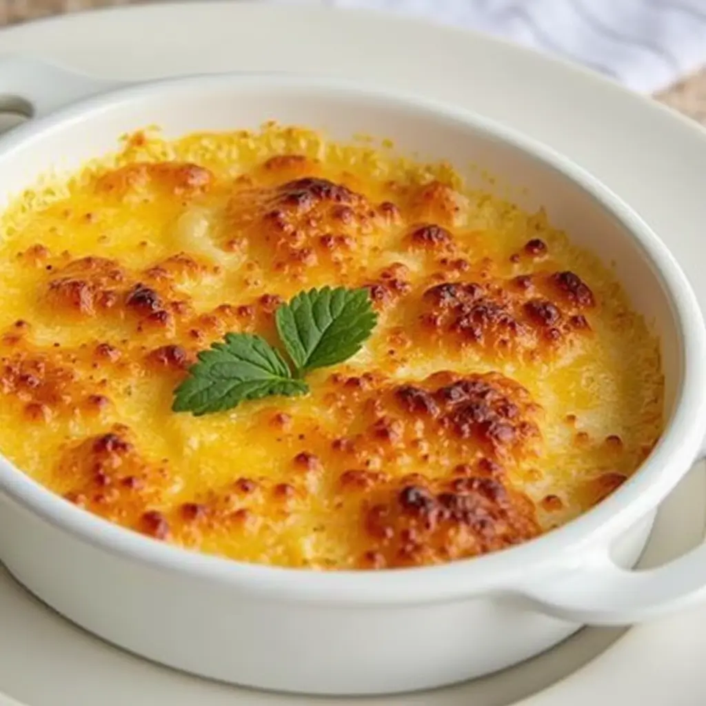 Close-up of a creamy Crab Brûlée topped with caramelized golden sugar and garnished with fresh herbs