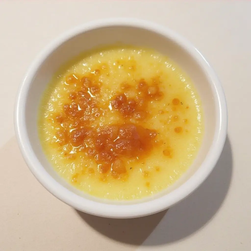 Close-up of a creamy Crab Brulee Recipe topped with caramelized golden sugar and garnished with fresh herbs