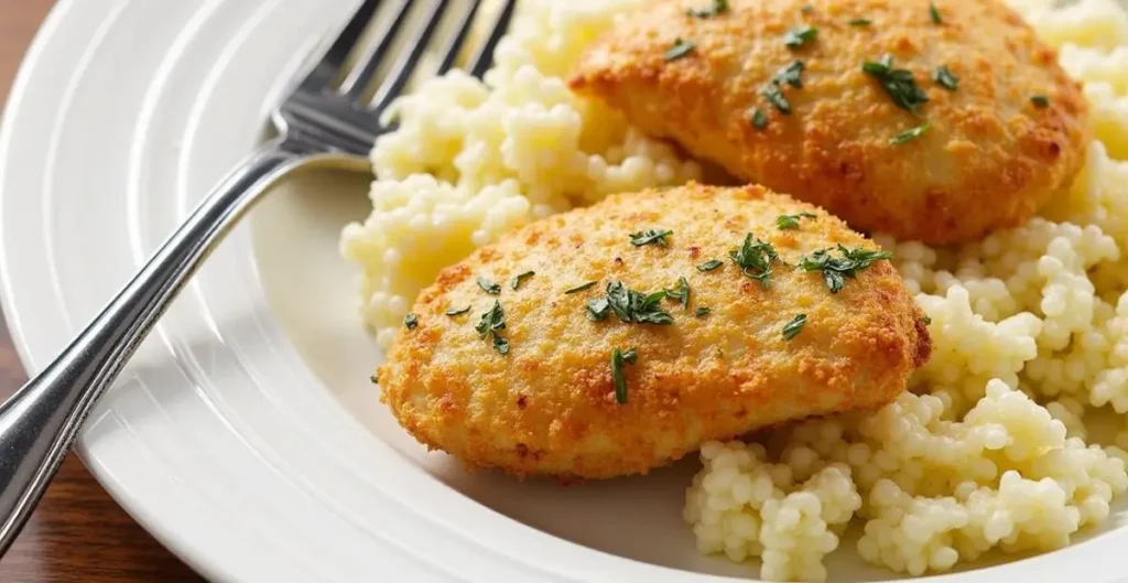 Longhorn Parmesan Crusted Chicken Recipe - A golden, crispy chicken breast topped with melted Parmesan cheese and served with fresh herbs.

