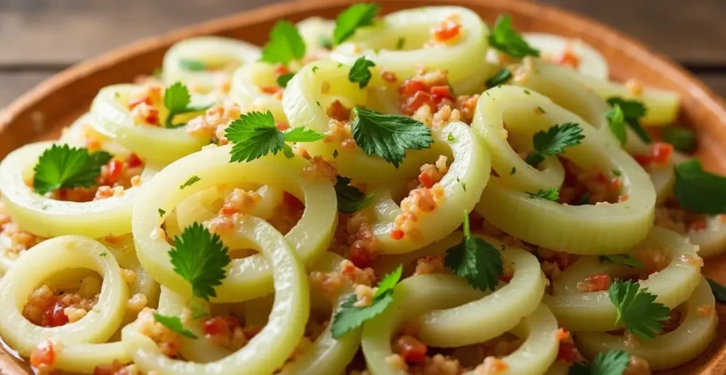 CEBOLLA ENSALADA RECIPE – Freshly made onion salad with olive oil, vinegar, and lemon dressing.

