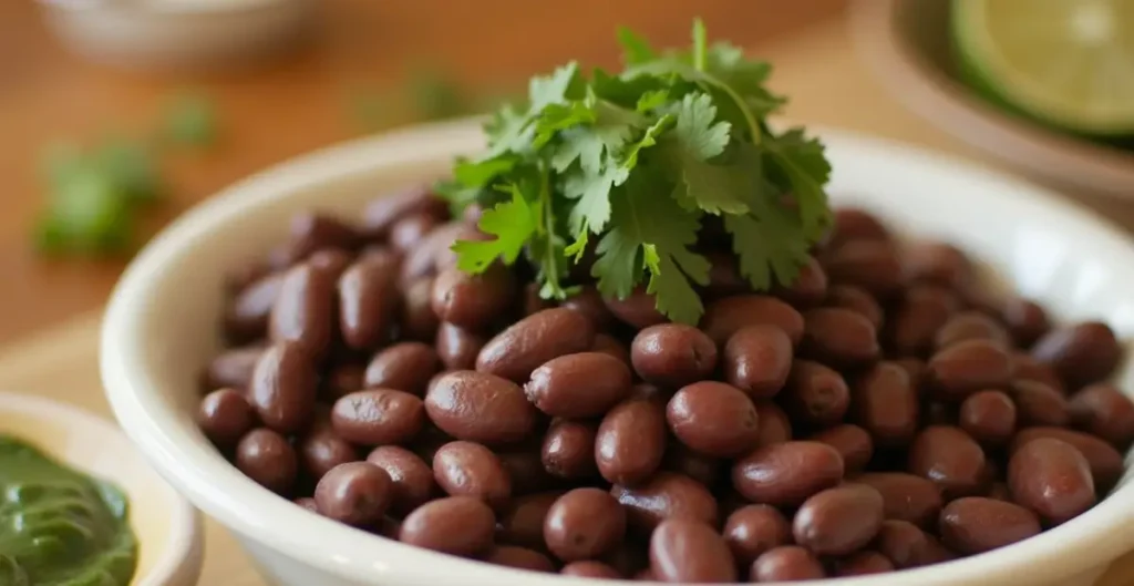 Chipotle Black Beans Recipe served in a rustic bowl with a garnish of fresh cilantro and lime wedges.