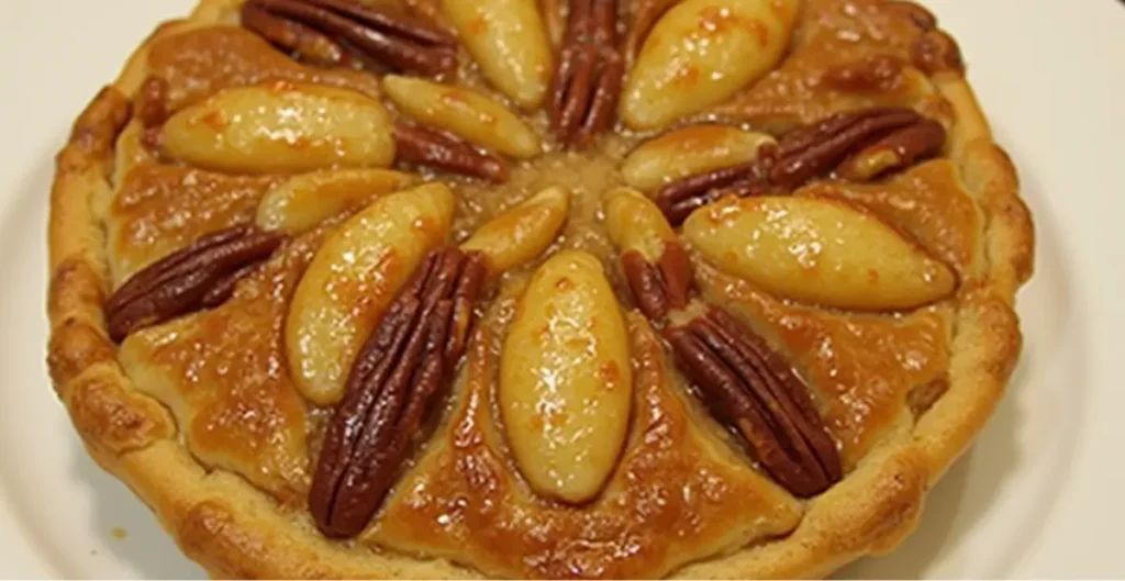 Recipe for apple and pecan Danish pastry tart with golden flaky crust, caramelized apple slices, and pecan topping on a white plate.