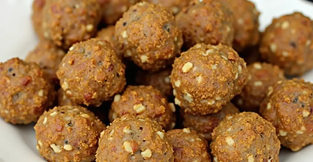 Sausage Balls Without Bisquick Recipe – golden-brown sausage balls served on a white plate with a side of dipping sauce.