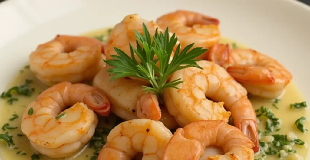 SHRIMP GARLIC RECIPE -BUTTER served with pasta and fresh parsley on a plate.