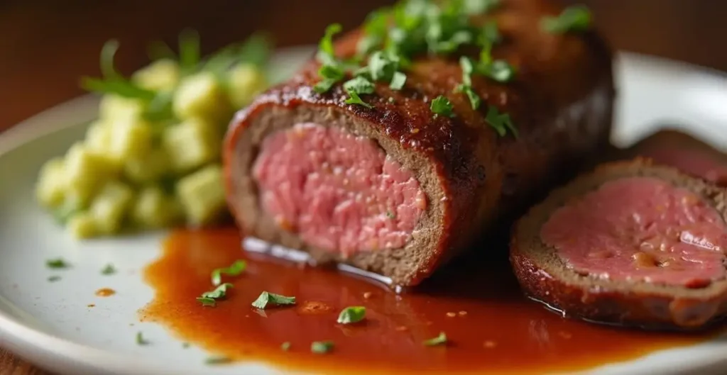 Beef kidney recipe French rognon served with creamy mashed potatoes and garnished with fresh parsley
