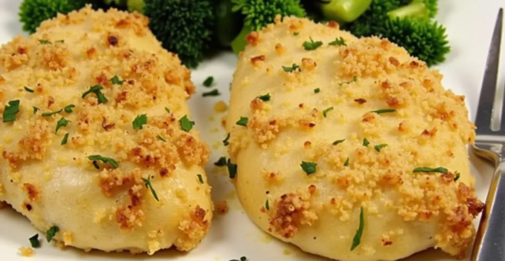 Longhorn Parmesan Crusted Chicken Recipe - A golden, crispy chicken breast topped with melted Parmesan cheese and served with fresh herbs.

