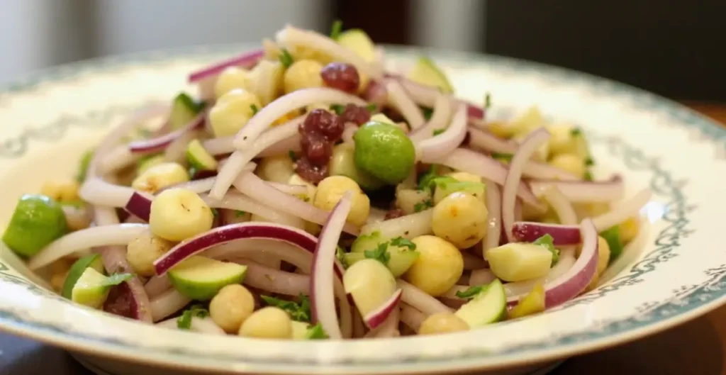 CEBOLLA ENSALADA RECIPE – Freshly made onion salad with olive oil, vinegar, and lemon dressing.

