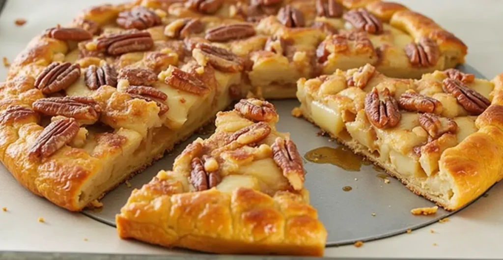 Recipe for apple and pecan Danish pastry tart with golden flaky crust, caramelized apple slices, and pecan topping on a white plate.

