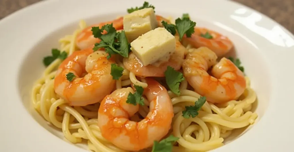 SHRIMP GARLIC RECIPE -BUTTER served with pasta and fresh parsley on a plate.