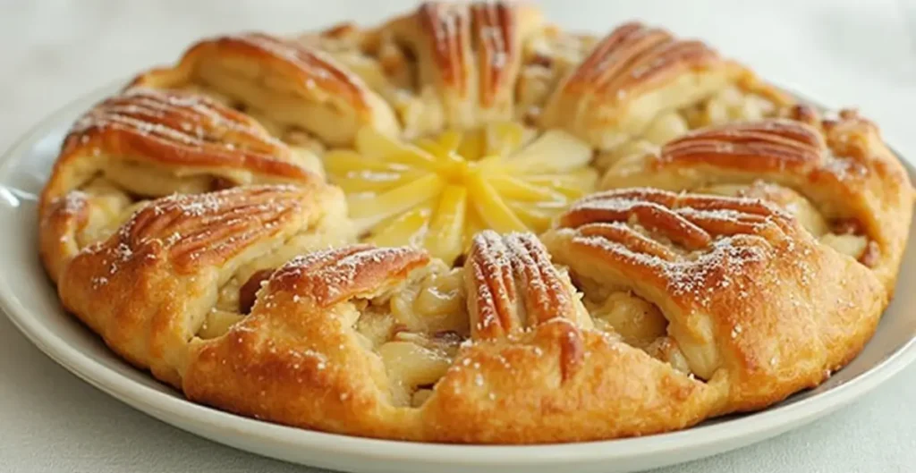 Recipe for apple and pecan Danish pastry tart with golden flaky crust, caramelized apple slices, and pecan topping on a white plate.

