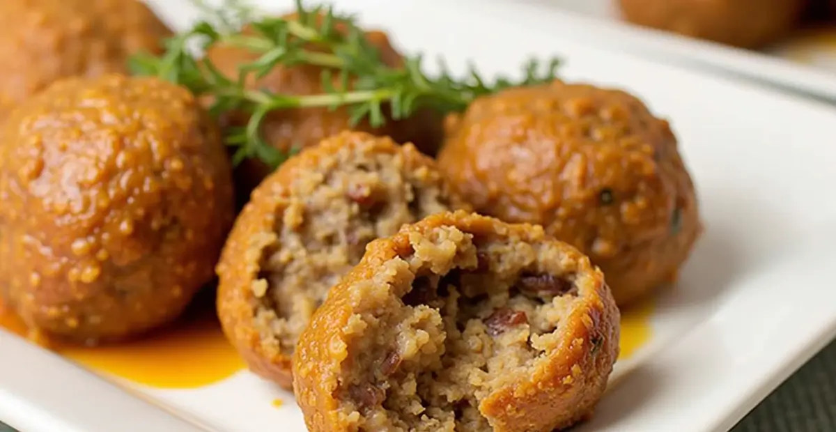 Sausage Balls Without Bisquick Recipe – golden-brown sausage balls served on a white plate with a side of dipping sauce.