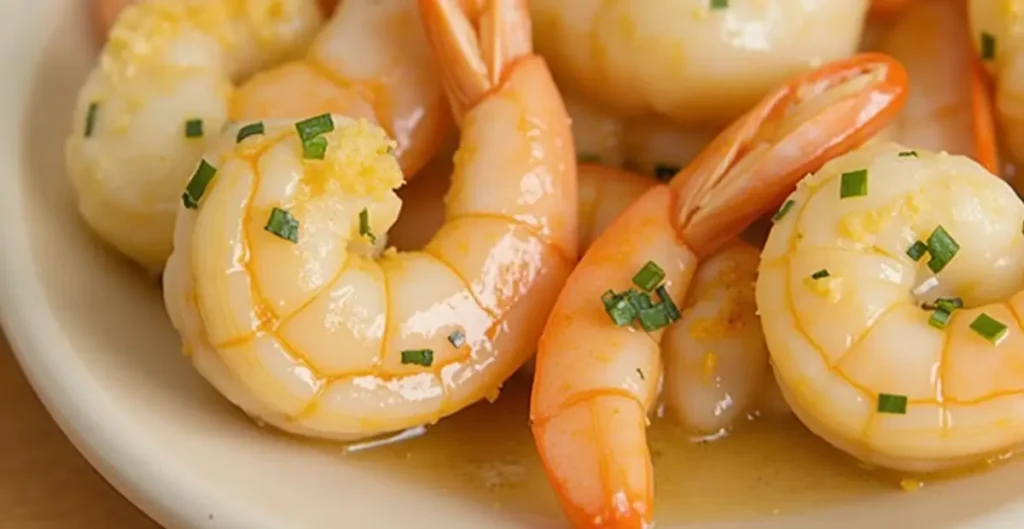 SHRIMP GARLIC RECIPE -BUTTER served with pasta and fresh parsley on a plate.