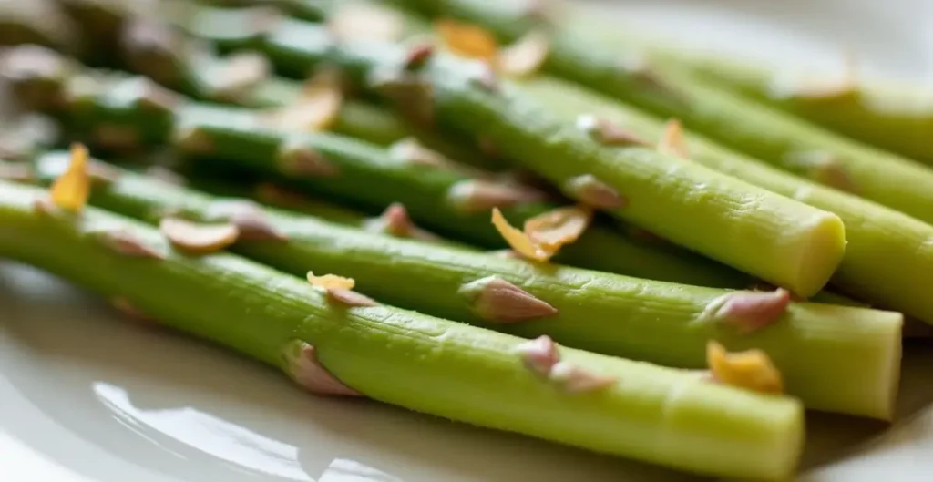 Asparagus German Recipes - Fresh white and green asparagus served with hollandaise sauce and potatoes on a traditional German table.