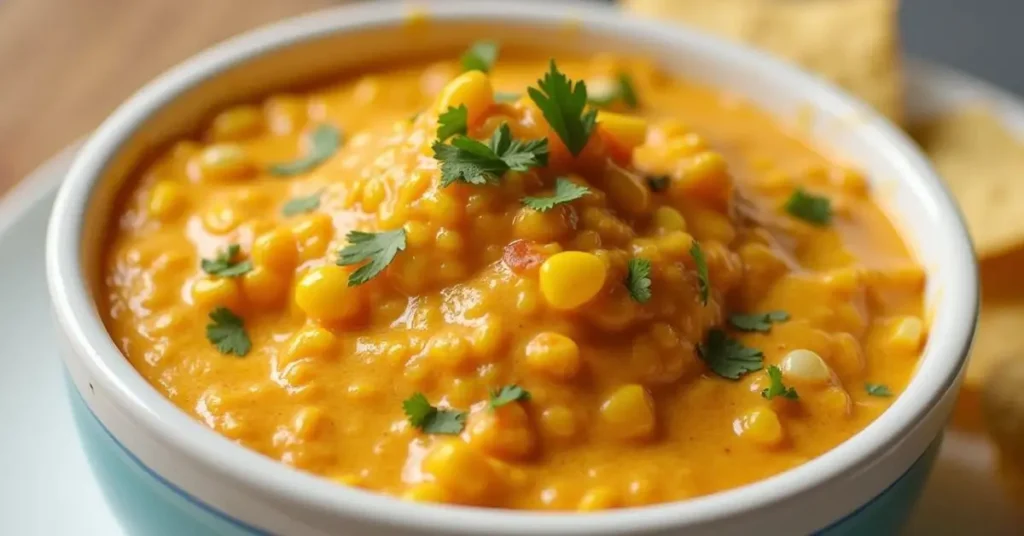 STREET CORN DIP TAJIN CANNED CORN RECIPE CROCK POT served in a bowl with toppings.